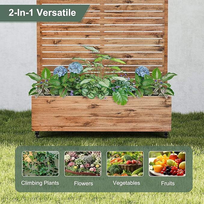 Metal Raised Garden Beds with Trellis and Wheels for Climbing Plants, Flowers, Large Planter Box with Privacy Screen & Drainage Holes for Patio (47" L, Brown Log Grain)