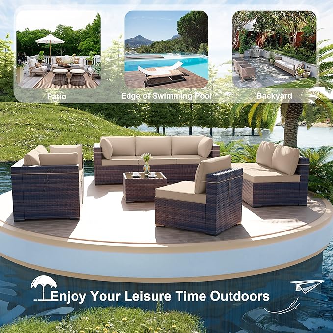 ALAULM Patio Furniture Set with Coffee Table, 9 Pieces Outdoor Sectional with Wide Seat and Thick Cushion, All Weather Wicker Rattan Conversation Set for Backyard, Garden, Deck, Sand