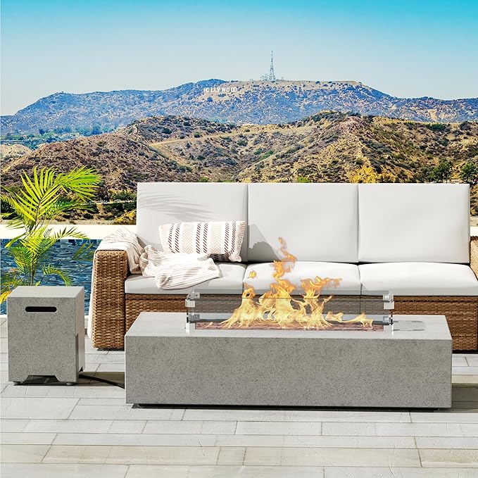 NAGA HABNA 56 Inch Propane Fire Pit Table, Rectangle Outdoor Fire Table w Tank Table (50,000 BTU), 3 Piece Gas Fire Pit w Glass Wind Guard & Lava Rocks for Garden, Pool, Backyard
