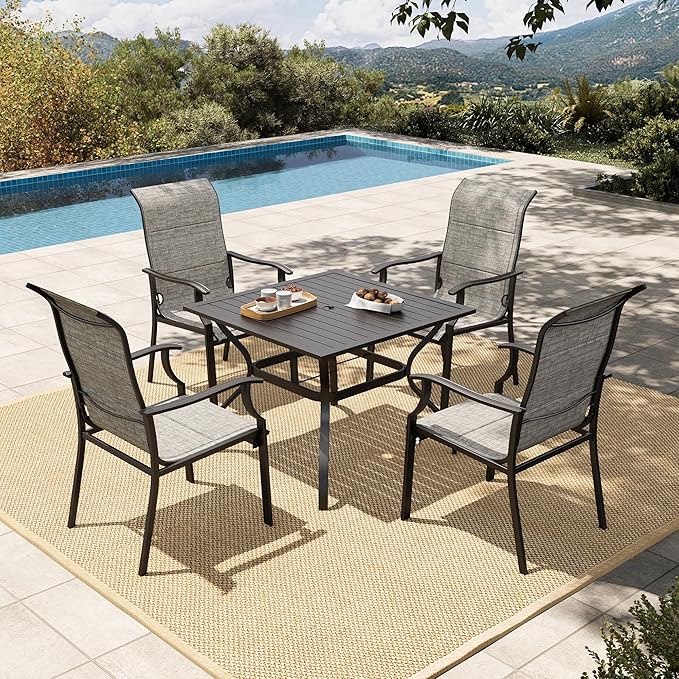 HERA'S HOUSE 5 Pieces Patio Dining Set, Outdoor Dining Set for 4, 4 x All Weather Testilene Padded Dining Chair, 37" Square Metal Dining Table, for Lawn Garden Backyard Deck