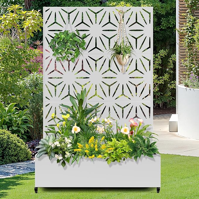 FENCY Metal Raised Garden Bed with Wheels and Trellis,73"x47"x16" Planter Box for Climbing Plants, Vegetables & Vines, Features Privacy Screen and Drainage Holes (White-Star)