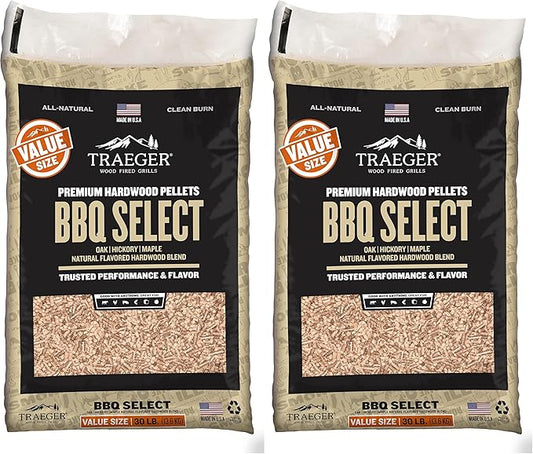 Traeger Grills BBQ Select 100% All-Natural Wood Pellets for Smokers and Pellet Grills, BBQ, Bake, Roast, and Grill, 30 lb. Bag (Pack of 2)