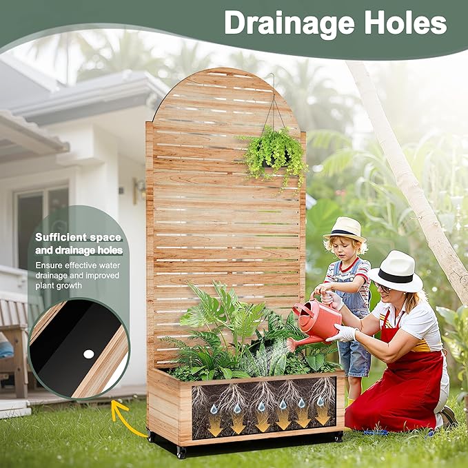 Metal Planter Box with Trellis for Climbing Plants, Privacy Planter with Trellis, Standing Planters Boxes with Privacy Screen, Drainage Holes (35" L, Arch White Wood Grain)
