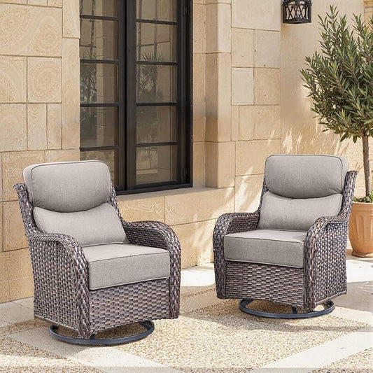Swivel Patio Chairs Set of 2 with 6" Thick Cushion - Wicker Outdoor Swivel Rocker Patio Chairs, High Back Comfortable Outdoor Glider Chairs 360° Rotation Glider Brown Wicker-Grey Cushion