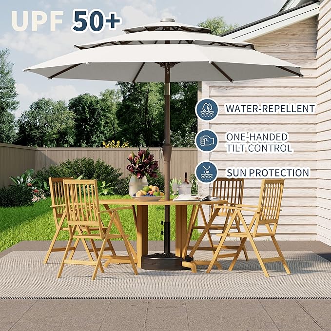 9FT 3 Tiers Patio Umbrella With Auto Tilt and Crank, Outdoor Table Market Umbrella with 8 Sturdy Ribs for Garden, Lawn, Deck, Backyard and Pool, Creamy-white