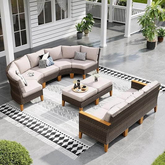 Sophia & William Outdoor Wicker Sectional Sofa Set, Half Moon Curved Patio Furniture Set with Ottman, High Back Rattan Patio Conversation Set for Outside, Porch, Pool(Beige, 10 Piece)