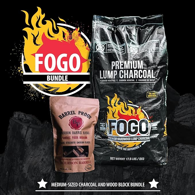 FOGO Premium Hardwood Lump Charcoal, Natural Medium and Small Sized Lump Charcoal 17.6 Pound Bag and FOGO Barrel Proof Bourbon Barrel Blocks, 2 Pound Resealable Bag, Bundle