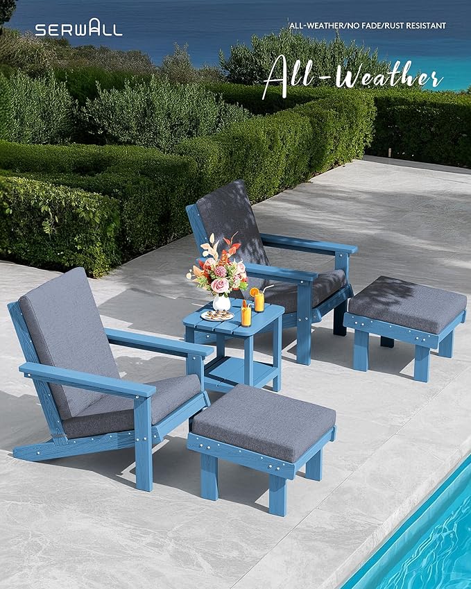 SERWALL Adirondack Chair Set of 2 with Cushion and Ottoman -All Weather HDPE Outdoor Adirondack Chair Set, Durable Adirondack Patio Chairs for Garden, Deck, or Poolside- Blue