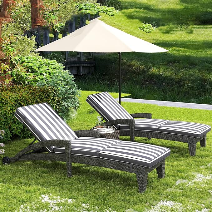 Patio Chaise Lounger Set of 4, Outdoor Lounger Patio Chairs, Heavy Duty Lounge Chairs Outdoor, Chaise Lounges for Resort, Backyard, Deck, Poolside, Garden, Grey Stripe
