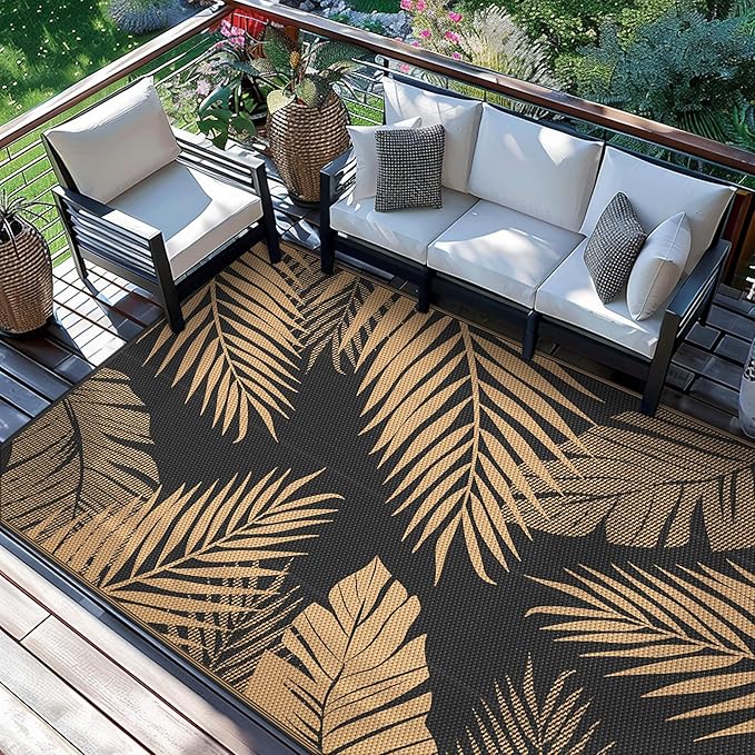 GENIMO 8'x10' Outdoor Rug Waterproof for Patio Decor, Reversible Plastic Straw Rug Carpet, Camping Mats for Outdoor, RV, Backyard, Deck, Balcony, Picnic, Mix Black & Brown
