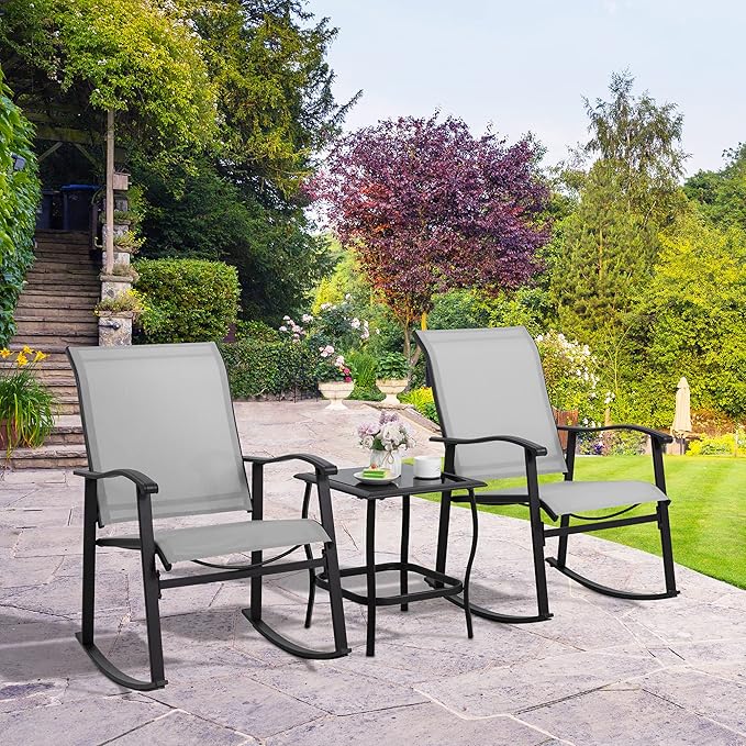 Shintenchi 3 Piece Rocking Bistro Set, Outdoor Furniture with Rocker Chairs and Glass Coffee Table Set of 3, Balcony, Porch Furniture for Small Space, Light Gray