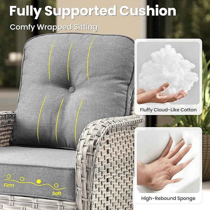 ovios 9 Pieces Patio Furniture Set Outdoor Sectional Sofa Couch with Fire Pit Table Rocking Swivel Chairs Deep Seat Chaise, Modern Modular Wicker Rattan Conversation Set, Dark Grey