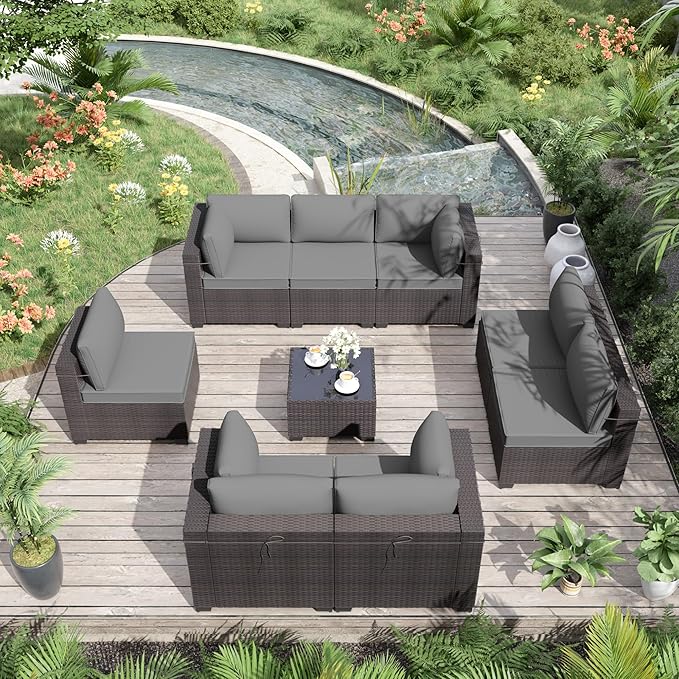 ALAULM Patio Furniture Set with Coffee Table, 9 Pieces Outdoor Sectional with Wide Seat and Thick Cushion, All Weather Wicker Rattan Conversation Set for Backyard, Garden, Deck, Grey