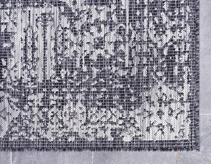 Unique Loom Outdoor Traditional Collection Area Rug - Timeworn (9' x 12' Rectangle, Charcoal Gray/ Gray)