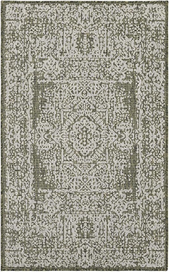 Unique Loom Outdoor Traditional Collection Area Rug - Timeworn (3' x 5' 1" Rectangle Green/Ivory)