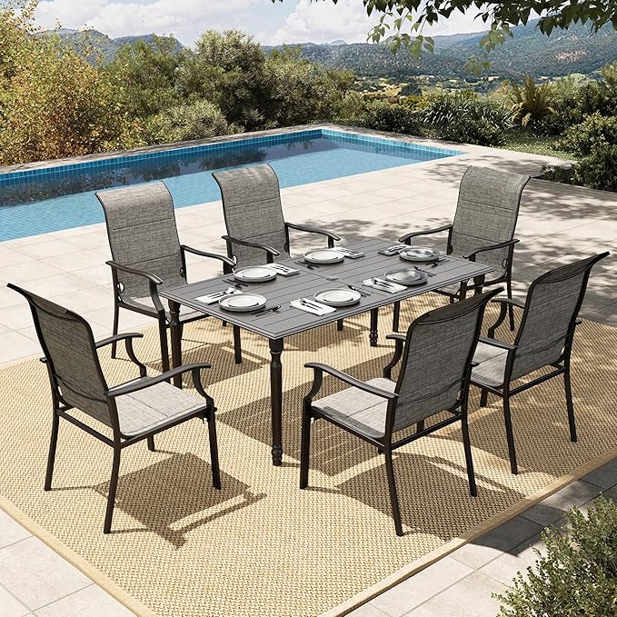 HERA'S HOUSE 7 PCS Patio Dining Set, 6 x Premium Textilene Dining Chair, 1 x 60 Classic Table, Rust Resistant Outdoor Table Chairs Set for Lawn Garden Backyard Deck