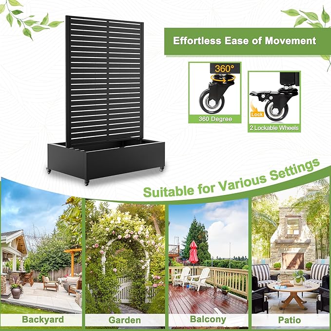 FENCY Dual Planter Boxes Metal Raised Garden Bed with Wheels and Trellis, 73"x35"x24" Privacy Screen for Vegetables, Vines & Flowers, Includes Drainage Holes