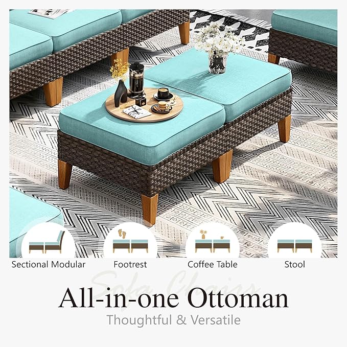 Sophia & William Outdoor Wicker Sectional Sofa Set, 11 Piece Half Moon Curved Patio Furniture Modern Round Outdoor Couch Conversation Set with Ottoman for Backyard, Pool, Garden(Aqua Blue)