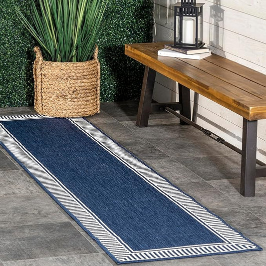 nuLOOM 2' x 10' Outdoor/Indoor Asha Area Rug, Asha Navy, Casual Design with Striped Border, Stain Resistant, Highly Durable, for Patio, Balcony, Bedroom, Living Room, Dining Room, Bathroom