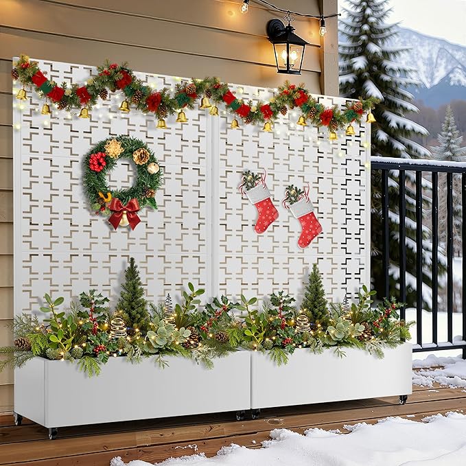 FENCY Metal Raised Garden Bed with Wheels and Trellis,73"x47"x16" Planter Box for Climbing Plants, Vegetables & Vines, Features Privacy Screen and Drainage Holes (White-Square)