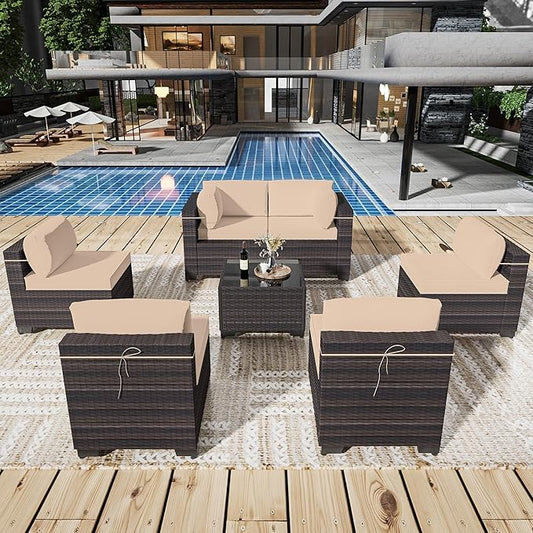 Outdoor Patio Furniture Set, 7 Pieces Outdoor Sectional Furniture Patio Sofa, All-Weather PE Rattan Patio Conversation Set with Tempered Glass Top Table & Cushions