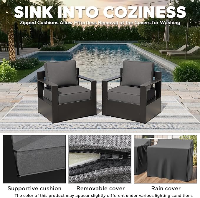 Aluminum Patio Chairs Set of 2, All Weather Use Outdoor Dining Chairs with Rectangular Framed Metal Armrest & 6" Fade-Resistant Cushions & Chair Covers for Deck Balcony Backyard (Grey)