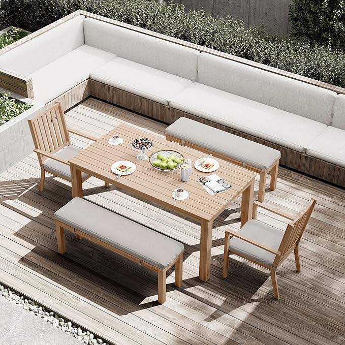 Outdoor Patio Bench, Metal Aluminum Outdoor Bench with Waterproof Cushions, Outdoor Patio Furniture Seating for Porch, Balcony, Deck, Backyard, Light Wood Color
