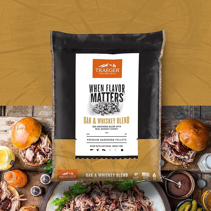 Traeger Grills Oak & Whiskey Blend 100% All-Natural Wood Pellets for Smokers and Pellet Grills, BBQ, Bake, Roast, and Grill, 18 lb. Bag (Pack of 3)
