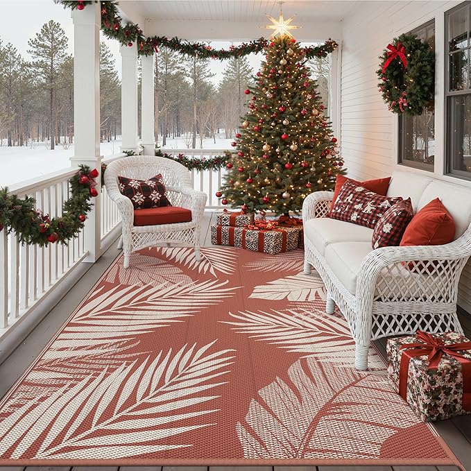 GENIMO Outdoor Rug 6' x 9' Waterproof for Patios Clearance, Reversible Plastic Straw Camping Carpet, Area Rug for RV, Picnic, Backyard, Deck, Balcony, Porch, Beach, Christmas Decorations, Brick&Red