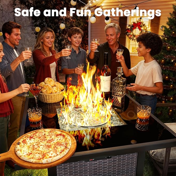 Propane Fire Pit Table, Outdoor Fire Pit Table, 28" Rattan Square Outdoor Gas Fire Pit with Glass Wind Guard, Tempered Glass Tabletop, Lid, CSA Listed, 50,000 BTU for Outside Patio Deck & Garden,Brown