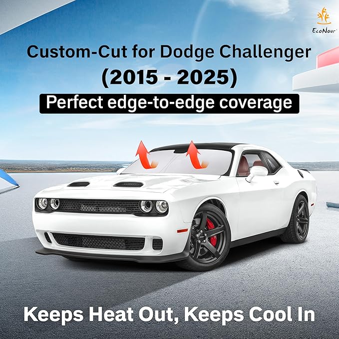 EcoNour Windshield Sun Shade Compatible for Dodge Challenger (2015-2025) | 4-Layer Front Window Shade for Coupe Models | 240T Sunshade Accessories | UV & Heat Blocker for Challenger Windshield