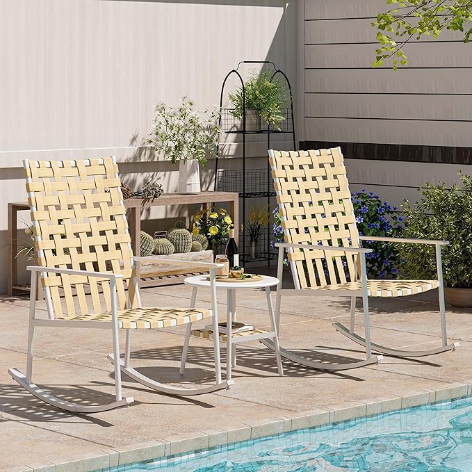 3-Piece Outdoor Patio Furniture Set, Rocking Bistro Conversation Set with 2-Tier Side Coffee Table, Front Porch Furniture for Lawn, Garden, Balcony, Poolside (Beige)