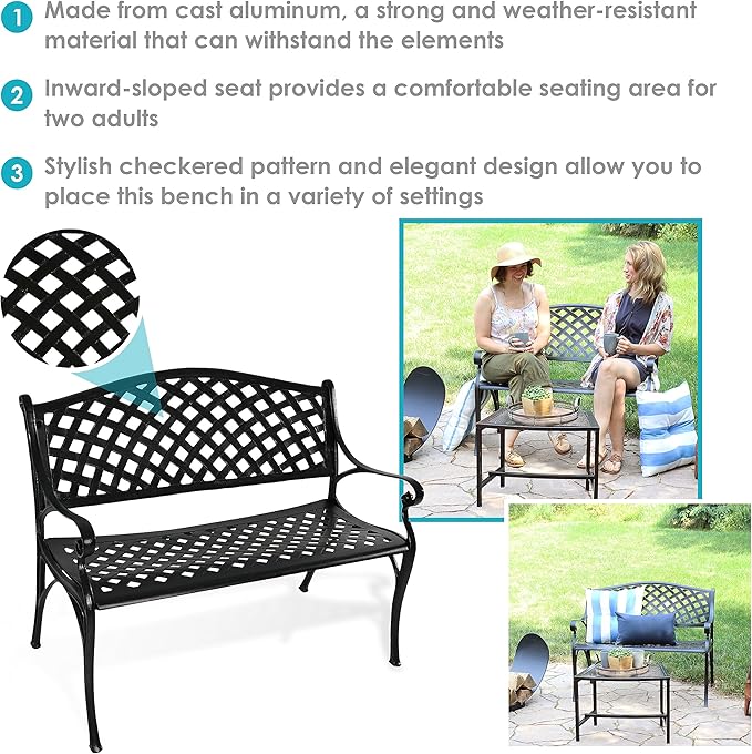 Sunnydaze 39-Inch Outdoor Bench for Patio or Park - Metal Garden Bench for Outdoors - Front Porch or Backyard Seat for Two - Black