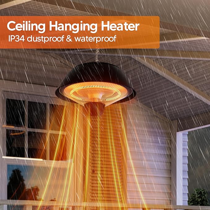 Electric Outdoor Heater, 1500W Hanging Ceiling Mounted Infrared Patio Heater for Outdoor Use, Waterproof Electric Heater for Porch, Balcony, Garage, Adjustable Height, Black