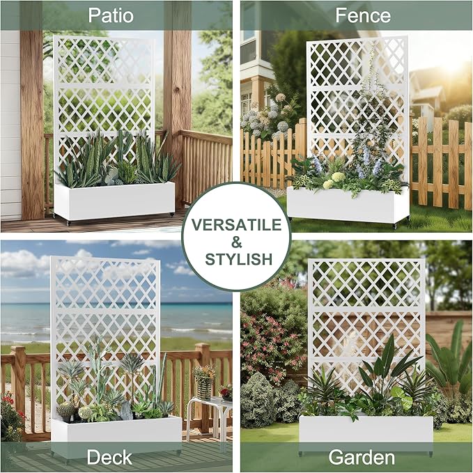 Metal Large Planter Box with Trellis for Climbing Plants Vegetables, Raised Garden Bed with Privacy Screen, 47"L×16"W×71"H Garden Boxes with Wheels & Drainage Hole (White Diamond Lattice)