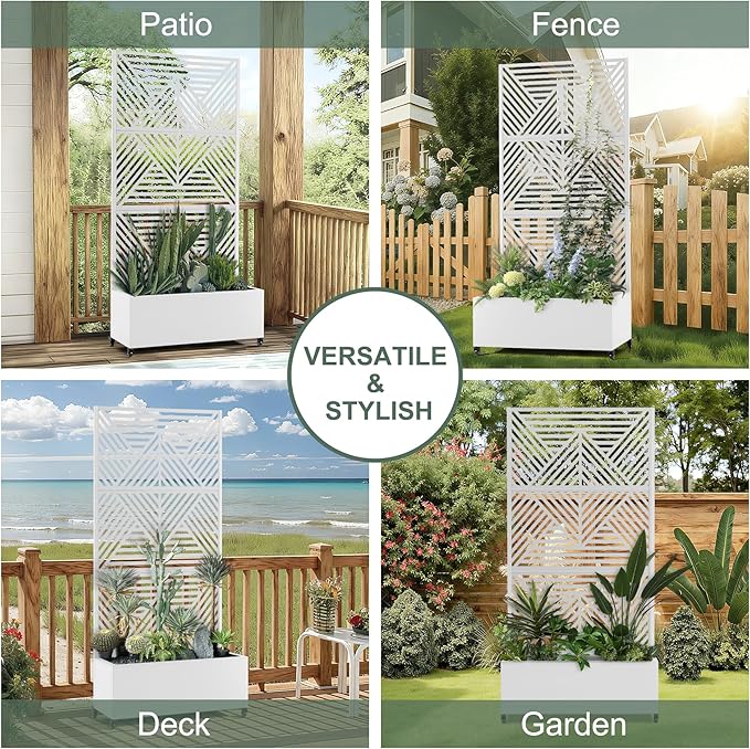 Metal Raised Garden Beds with Privacy Screen for Outdoor Plants, Planter Box with Trellis & Wheels, Flower Boxes with Drainage Holes (35" L×16" W×71" H, White Zodiac)