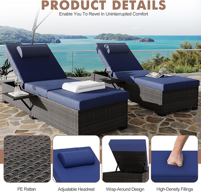 Outdoor PE Wicker Chaise Lounge Chairs, Set of 2, Modern Style, Blue, Rattan & Steel Frame, Adjustable Backrest, Comfortable Cushion & Head Pillow, Side Shelving, Indoor/Outdoor Use