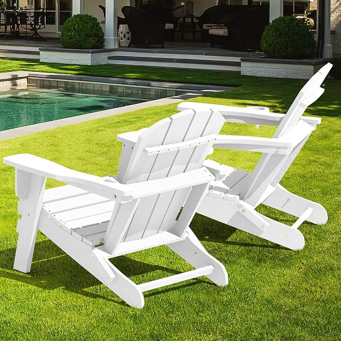 LOUNZY Folding Adirondack Chairs Set of 2, HDPE All-Weather Folding Adirondack Chair with Cup Holders, Outdoor Patio Adirondack Chair for Deck Lawn Fire Pit, White