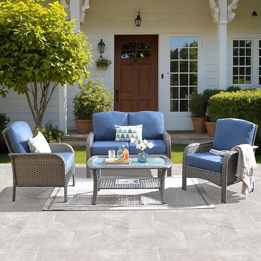 ovios 4 Pieces Patio Furniture Set, Outdoor Wicker Sofa with Coffee Table, Chairs, All Weather High Back Rattan Loveseat Couch with Comfy Cushions, Denim Blue