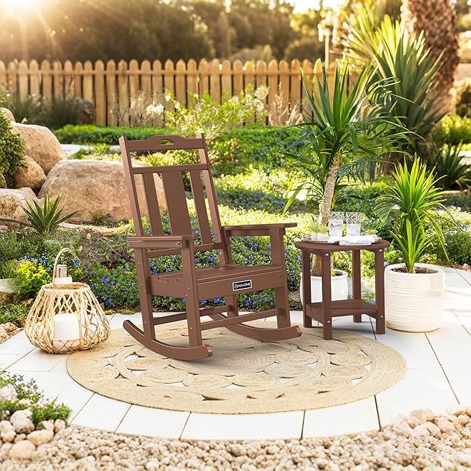 nalone Outdoor Rocking Chair, Oversized Porch Rocker Chair for Adult, All-Weather Resistant Patio Rocking Chair for Garden Lawn (Brown)