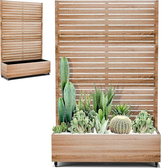 Metal Planter Box with Trellis Privacy Screen, Outdoor Raised Garden Beds with Wheels & Drainage Holes (47" L, Brown Oak Grain)