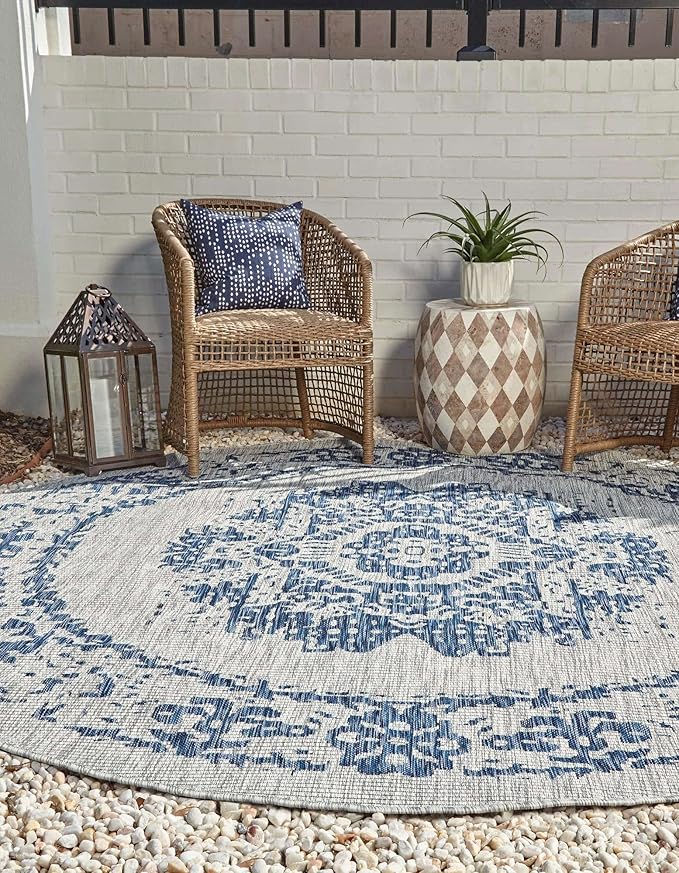 Unique Loom Outdoor Traditional Collection Area Rug - Timeworn (13' Round Blue/Gray)