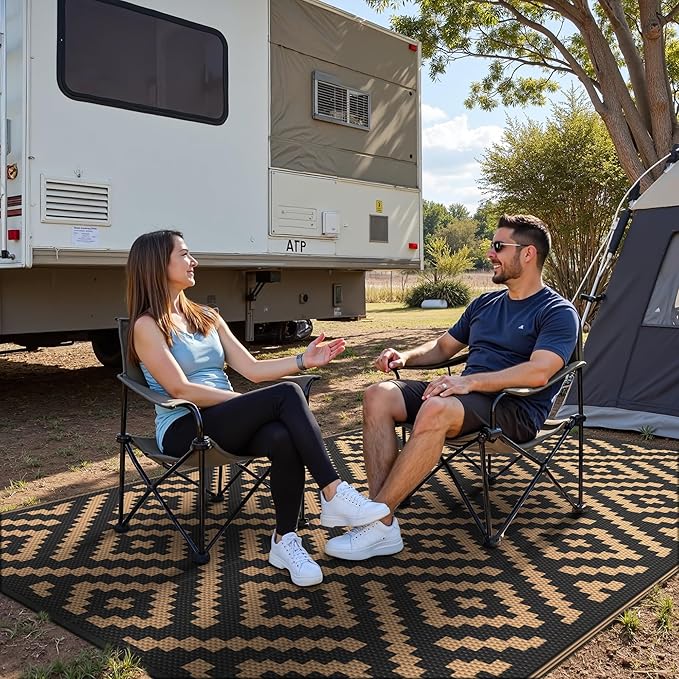GENIMO 9'x12' Outdoor Rug Waterproof for Patio Decor, Reversible Plastic Straw Rug Carpet, Camping Mats for Outdoor, RV, Backyard, Deck, Balcony, Picnic, Light Black & Brown