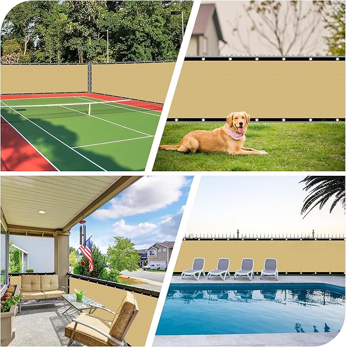 iCover 5x25ft Privacy Screen Fence, Outdoor Fencing Panels, Garden Windscreen Mesh Shade Sail Net Barrier, Include Reinforced Bindings and Brass Grommets Cable Zip Ties, Sand