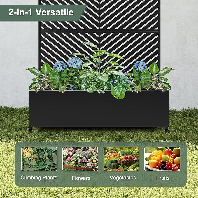 Large Metal Raised Garden Beds with Privacy Screen, Standing Planter Box with Trellis & Wheels for Outdoor Climbing Plants, Garden Boxes with Drainage Holes for Patio (47"L, Black Parallel)