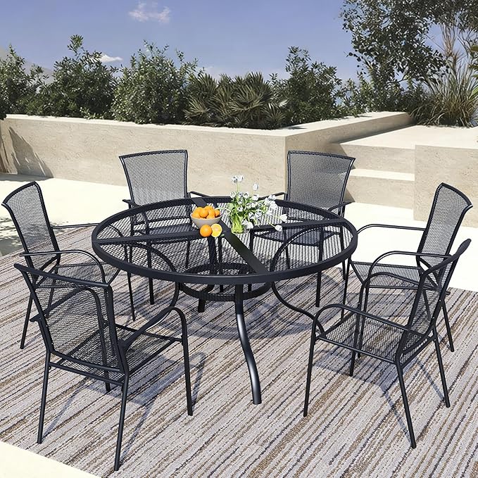 7 Piece Outdoor Dining Set, Patio Dining Set for 6, 47" Mesh Round Table with 6 Black Metal Mesh Outdoor Dining Chairs with Armrest for Lawn, Garden, or Porch