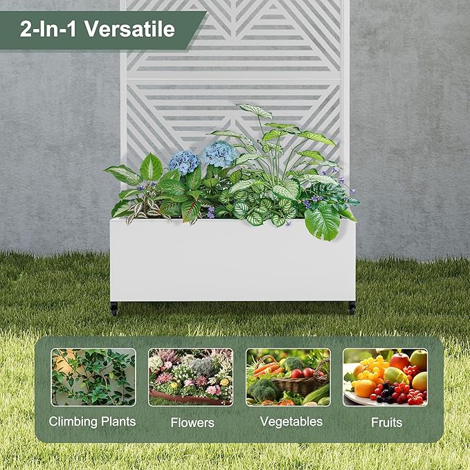 Metal Raised Garden Beds with Privacy Screen for Outdoor Plants, Planter Box with Trellis & Wheels, Flower Boxes with Drainage Holes (35" L×16" W×71" H, White Zodiac)