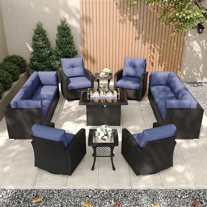 Patio Furniture Set with Fire Pit Table, 13 Pieces Outdoor All-Weather Wicker Conversation Sectional Chair Sofa Set with 4 Swivel Chairs
