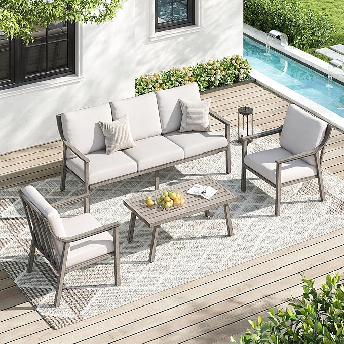 Patio Conversation Sets 4 Pieces - Aluminum 3 Seater Sofa Outdoor Furniture Sets with Thick Cushion, Coffee Table and Chairs Set of 2, Rustproof and Waterproof for Porch Deck Yard, Grey