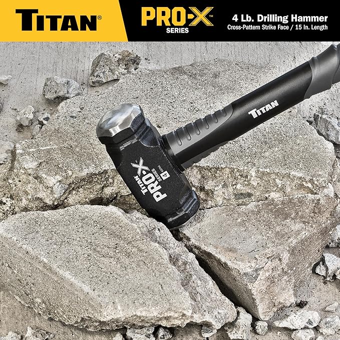 Titan Pro-X 63704 4lb Drilling Hammer, Dual-Face Sledge with Cross-Pattern Face for Concentrated Power & Flat Face for Stake Driving, Overstrike Protection, 15" Fiberglass Handle with Textured Grip